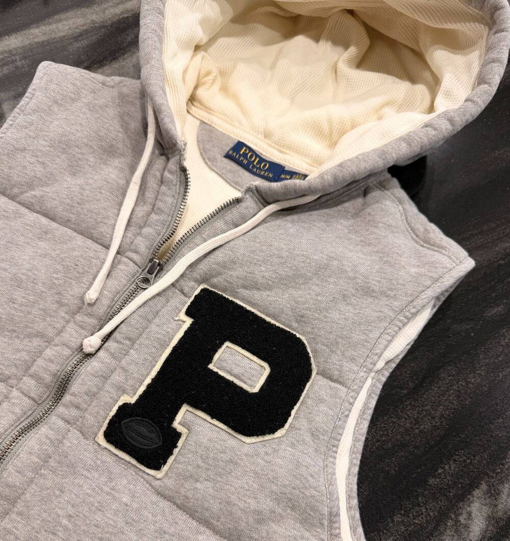 Polo Ralph Lauren Varsity Chenille P Patch Hooded Puffer Vest Mens M Gray